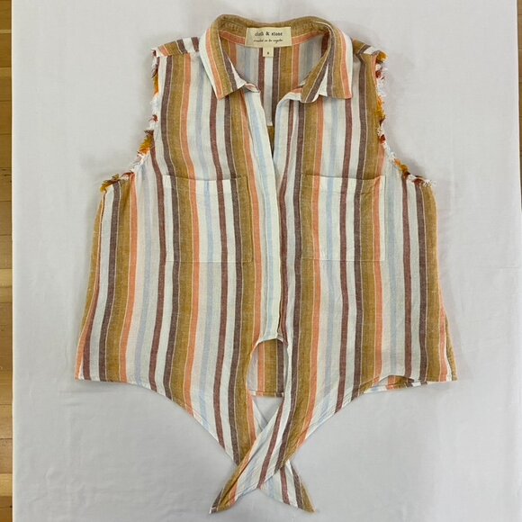 Anthropologie Cloth & Stone Women's Small Tie Front Striped Linen Button Down - Picture 7 of 13